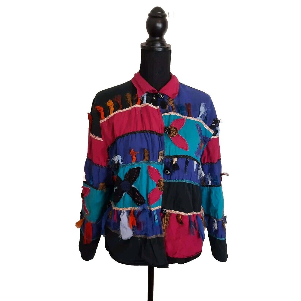 Vintage Allure Jacket Women Large Floral Novelty Patchwork Colorblock Vibrant
